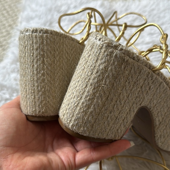 Larroude Coco Platform Sandal In Raffia and Gold Metallic Leather - Picture 10 of 15